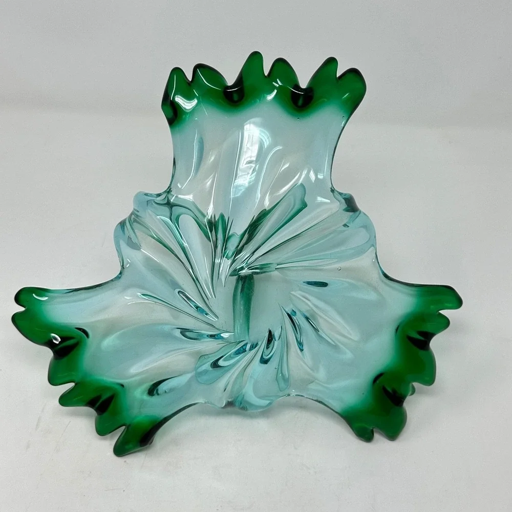 Vintage Murano Style Art Glass Basket Aqua Blue Emerald Green Hand Blown MCM 11
